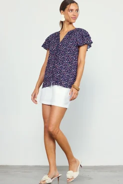 SKIES ARE BLUE Short Sleeve Tops*Allover Print Ruffle Sleeve Top Navy