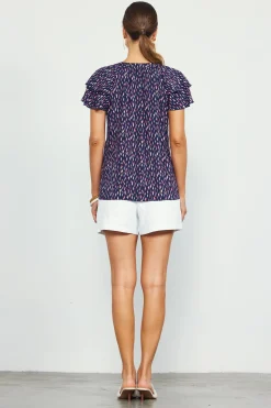 SKIES ARE BLUE Short Sleeve Tops*Allover Print Ruffle Sleeve Top Navy