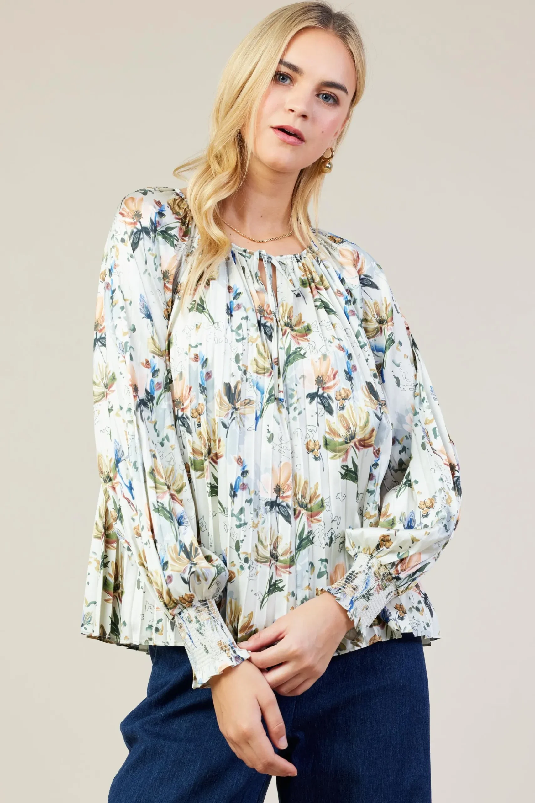 SKIES ARE BLUE Long Sleeve Tops*Amani Floral Print Pleated Blouse Creamfloral
