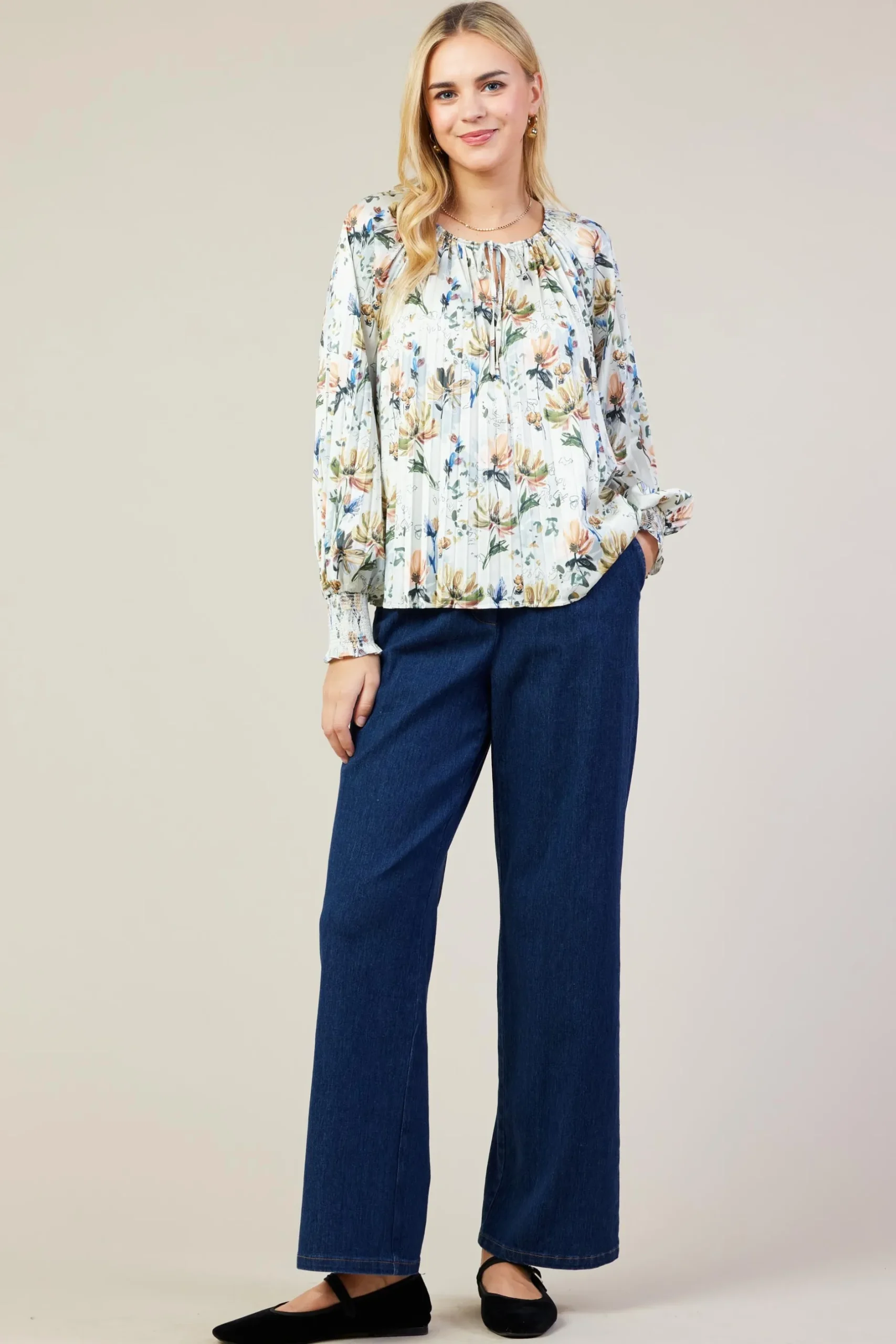 SKIES ARE BLUE Long Sleeve Tops*Amani Floral Print Pleated Blouse Creamfloral