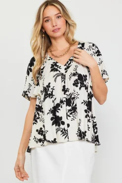 SKIES ARE BLUE Short Sleeve Tops*Amaya Jacquard Print Short Sleeve Top Ivory-black
