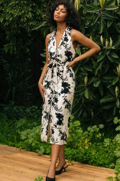 SKIES ARE BLUE Midi Dresses*Amaya Jacquard Print Sleeveless Dress Ivory-black