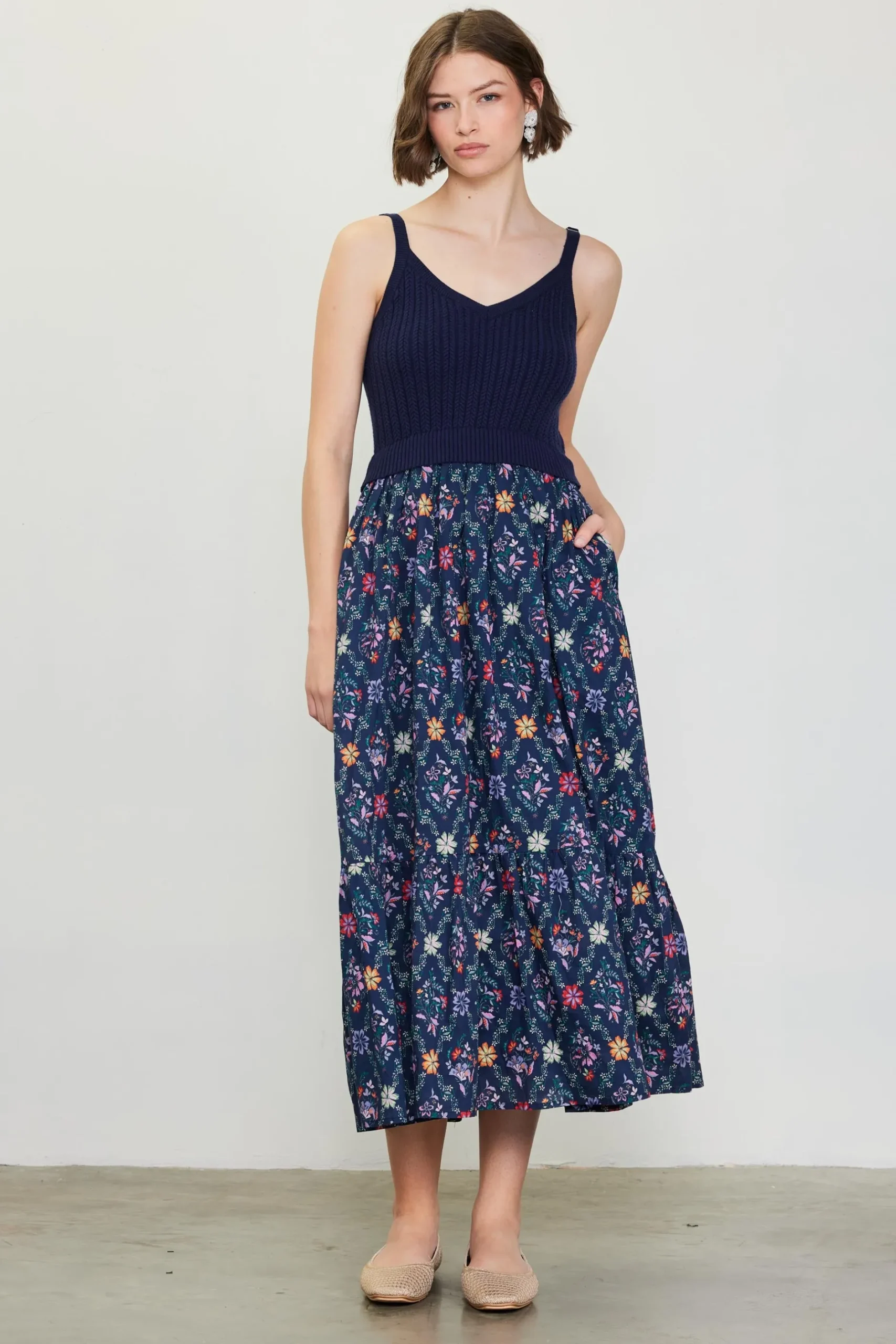 SKIES ARE BLUE Midi Dresses*Amelia Floral Print Midi Dress Navy