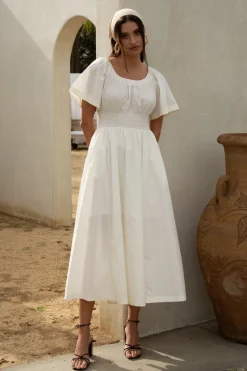 SKIES ARE BLUE Midi Dresses*Andrea Poplin Midi Dress Offwhite