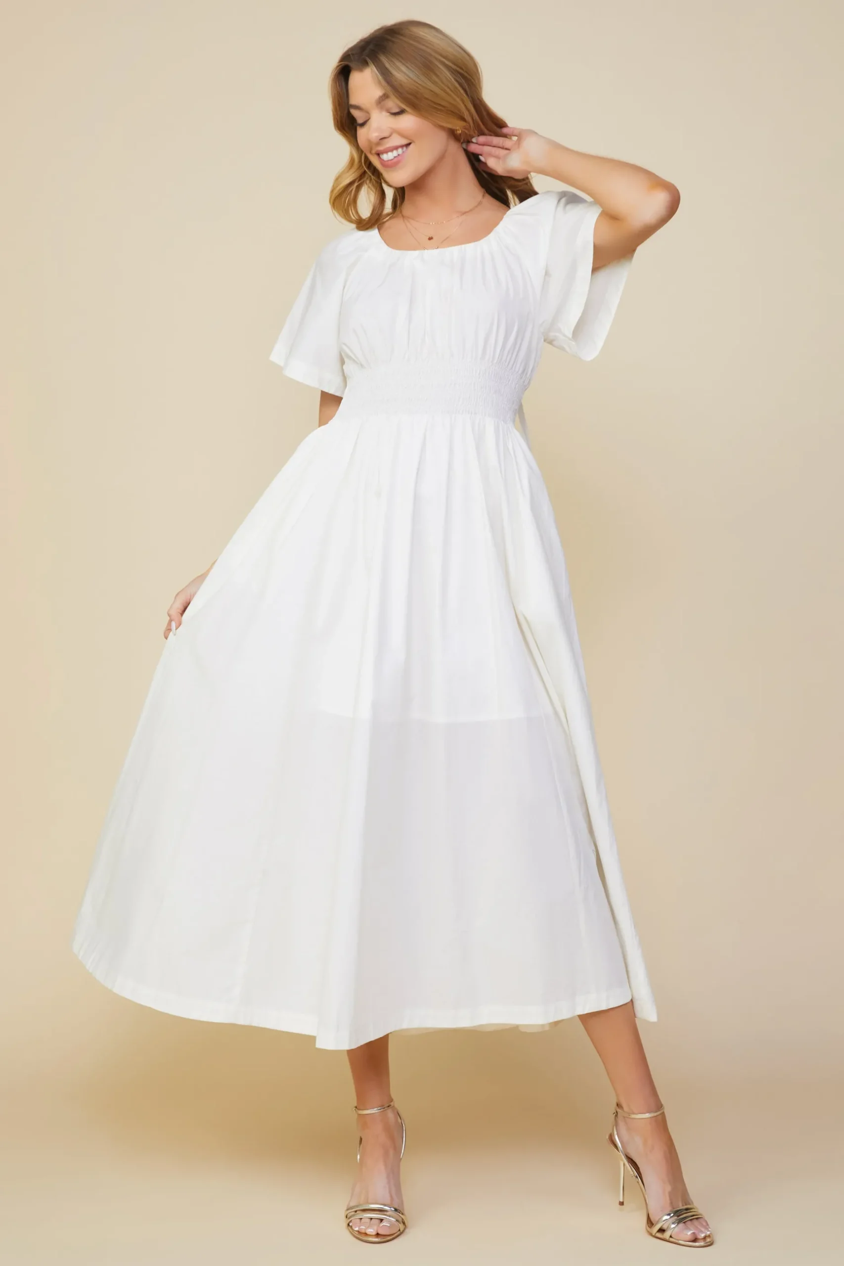 SKIES ARE BLUE Midi Dresses*Andrea Poplin Midi Dress Offwhite
