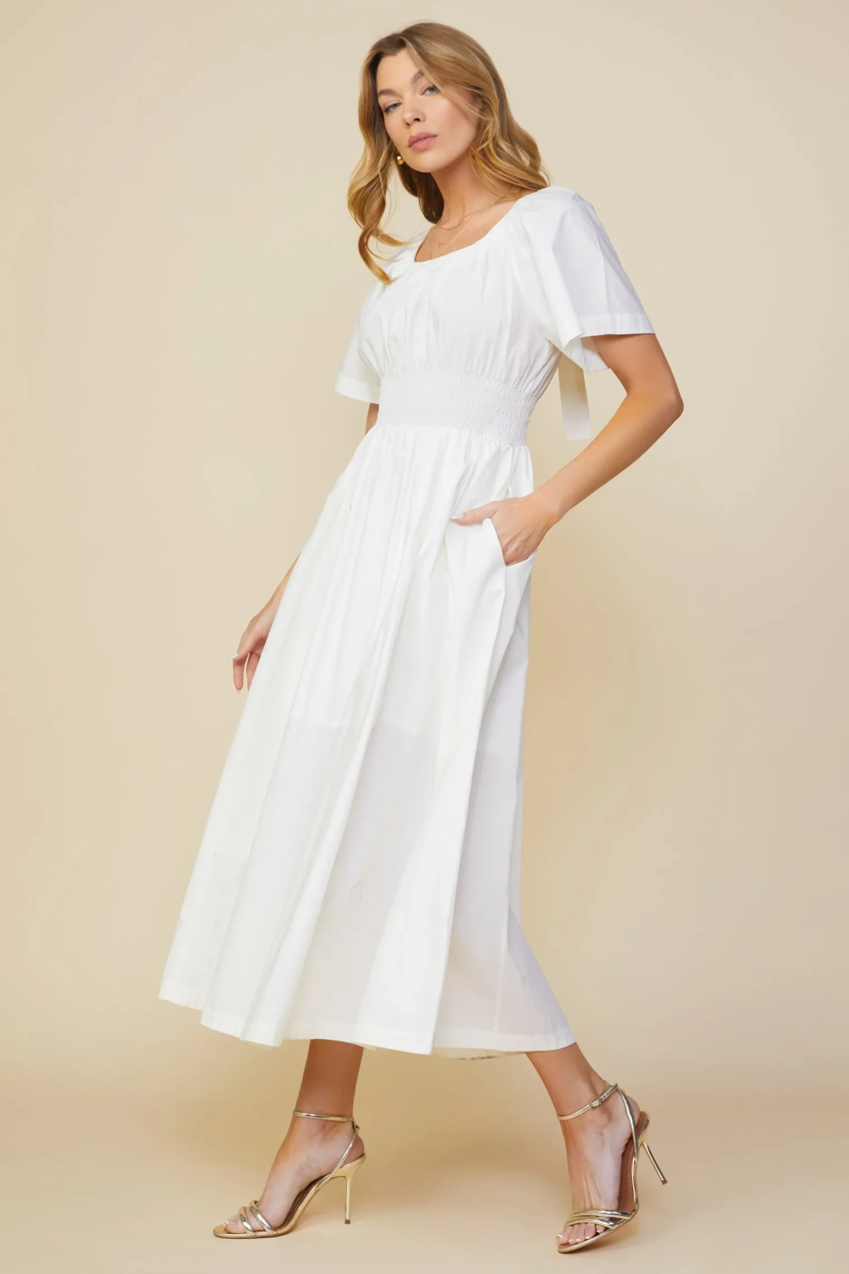 SKIES ARE BLUE Midi Dresses*Andrea Poplin Midi Dress Offwhite
