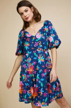 SKIES ARE BLUE Mini Dresses*Aquatic Floral Surplice Short Dress Navy-hyperpink
