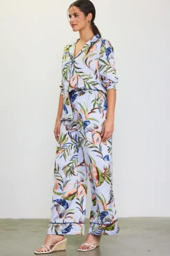 SKIES ARE BLUE Pants*Bianca Floral Print Elastic Waistband Pants Silver-green