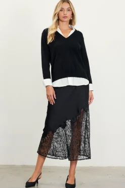 SKIES ARE BLUE Long Sleeve Tops|Sweaters*Blair Mixed Media Sweater Black-white
