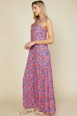 SKIES ARE BLUE Maxi Dresses*Bohemian Floral Crossed Neck Maxi Dress Vividbluetangerine