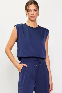 SKIES ARE BLUE Sleeveless Tops*Bubble Hem Muscle Tank Navy
