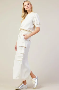 SKIES ARE BLUE Short Sleeve Tops*Bubble Sleeve Top Oatmeal
