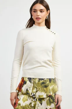 SKIES ARE BLUE Long Sleeve Tops|Sweaters*Button Detail Mock Neck Sweater Cream