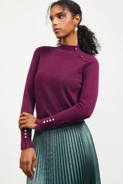 SKIES ARE BLUE Long Sleeve Tops|Sweaters*Button Detail Mock Neck Sweater Plum