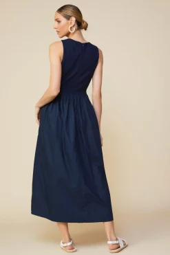 SKIES ARE BLUE Midi Dresses*Celia Mixed Media Midi Dress Navy