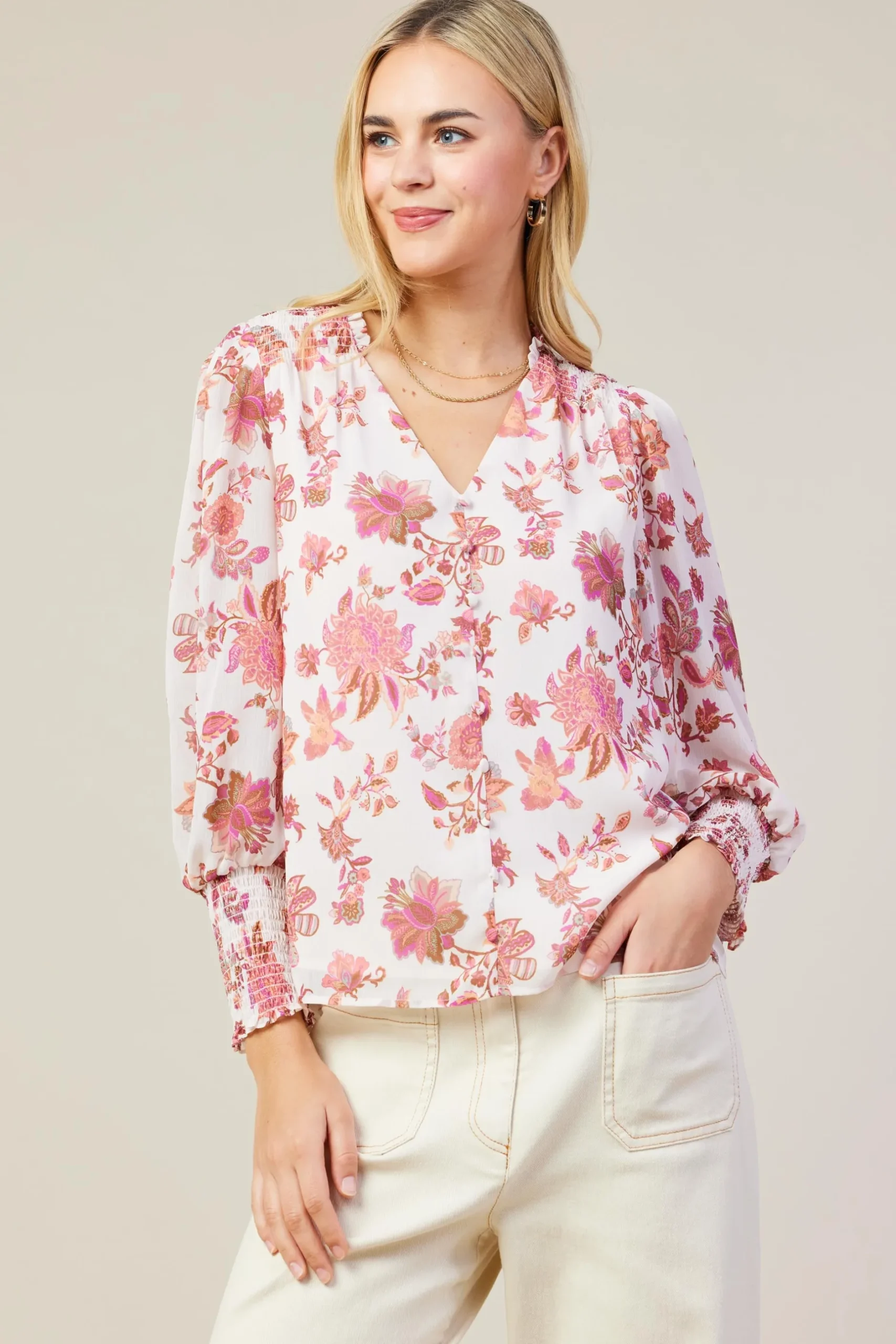 SKIES ARE BLUE Long Sleeve Tops*Ceres Floral Print Smocked Detail Top Blush-mulberry