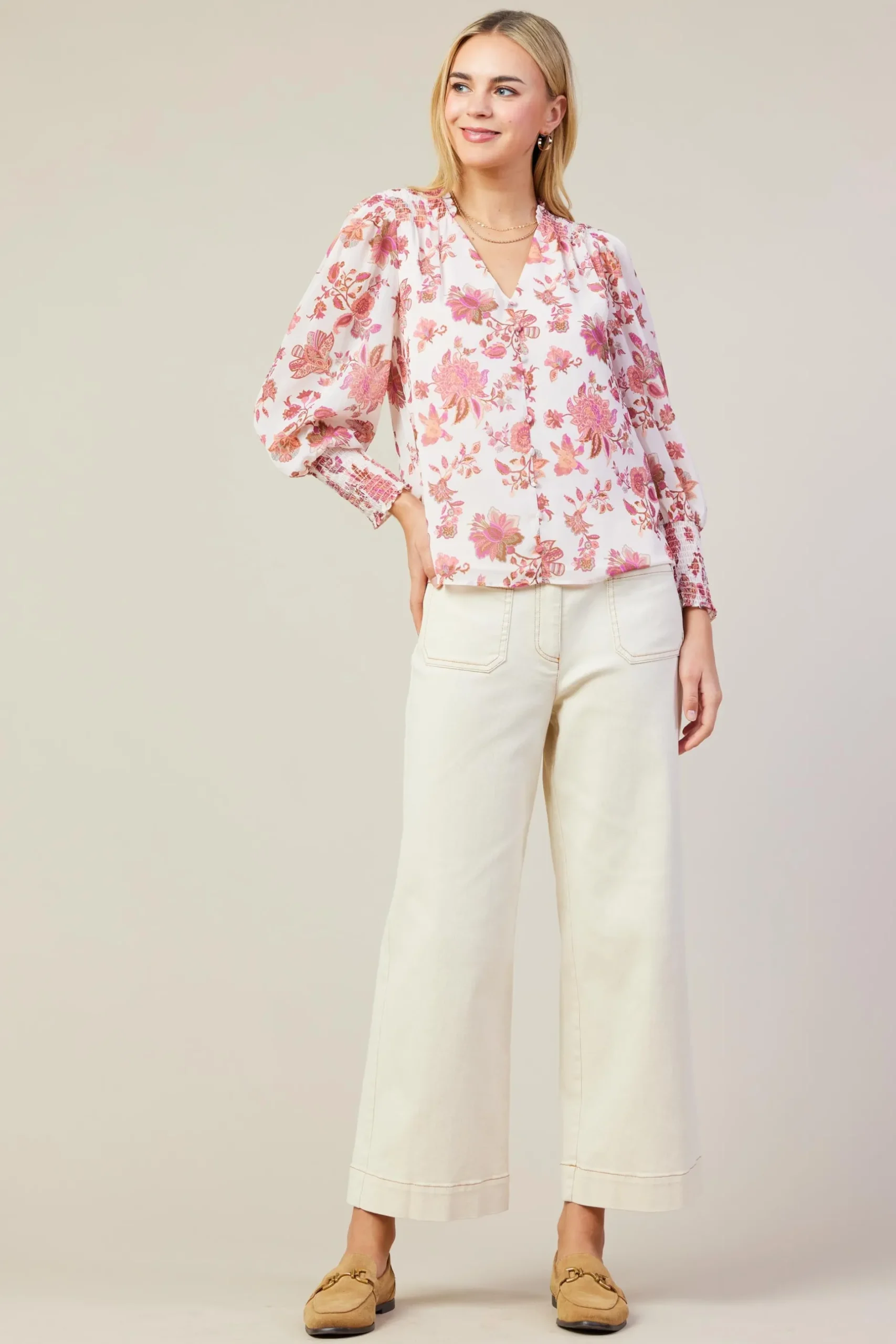 SKIES ARE BLUE Long Sleeve Tops*Ceres Floral Print Smocked Detail Top Blush-mulberry