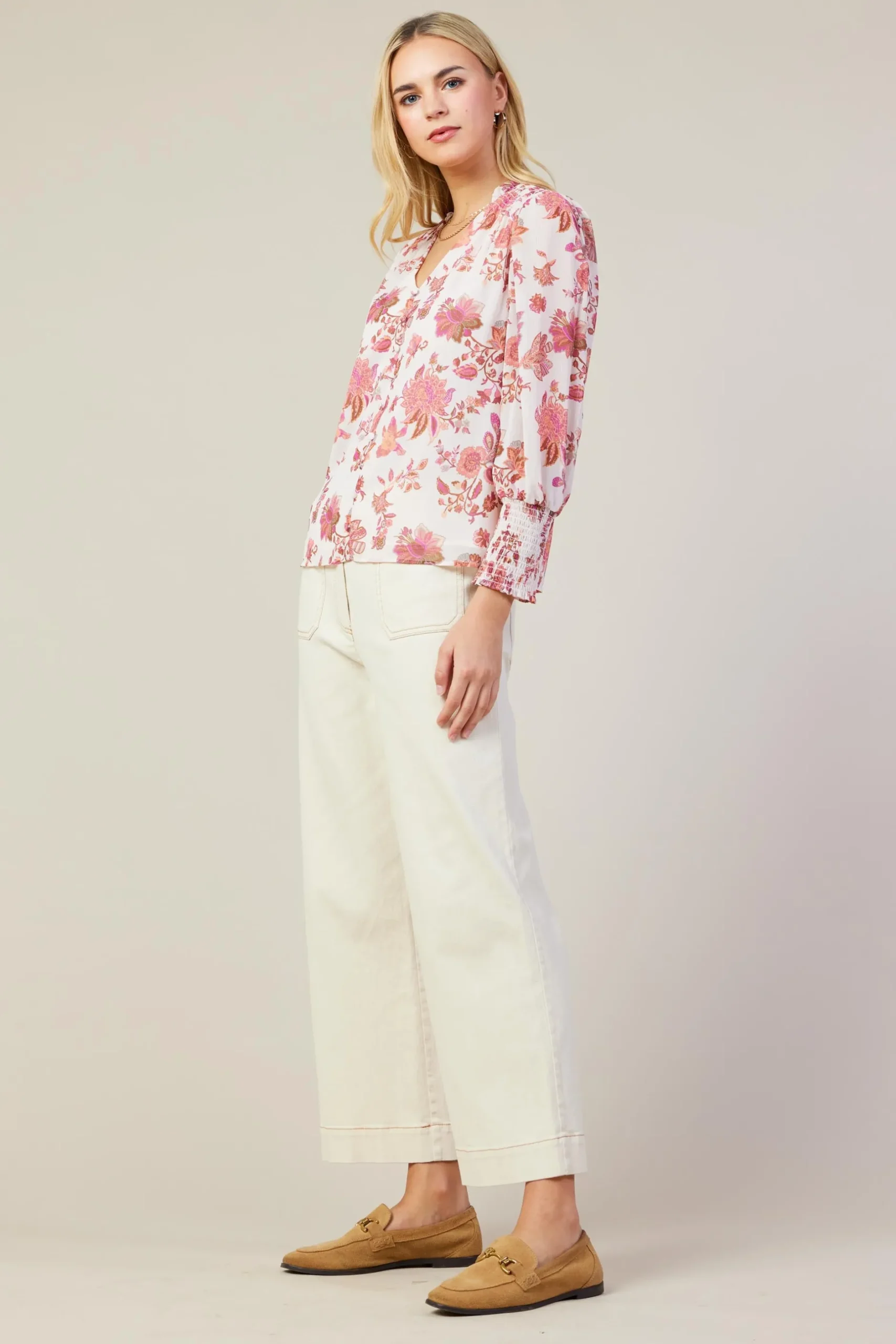 SKIES ARE BLUE Long Sleeve Tops*Ceres Floral Print Smocked Detail Top Blush-mulberry