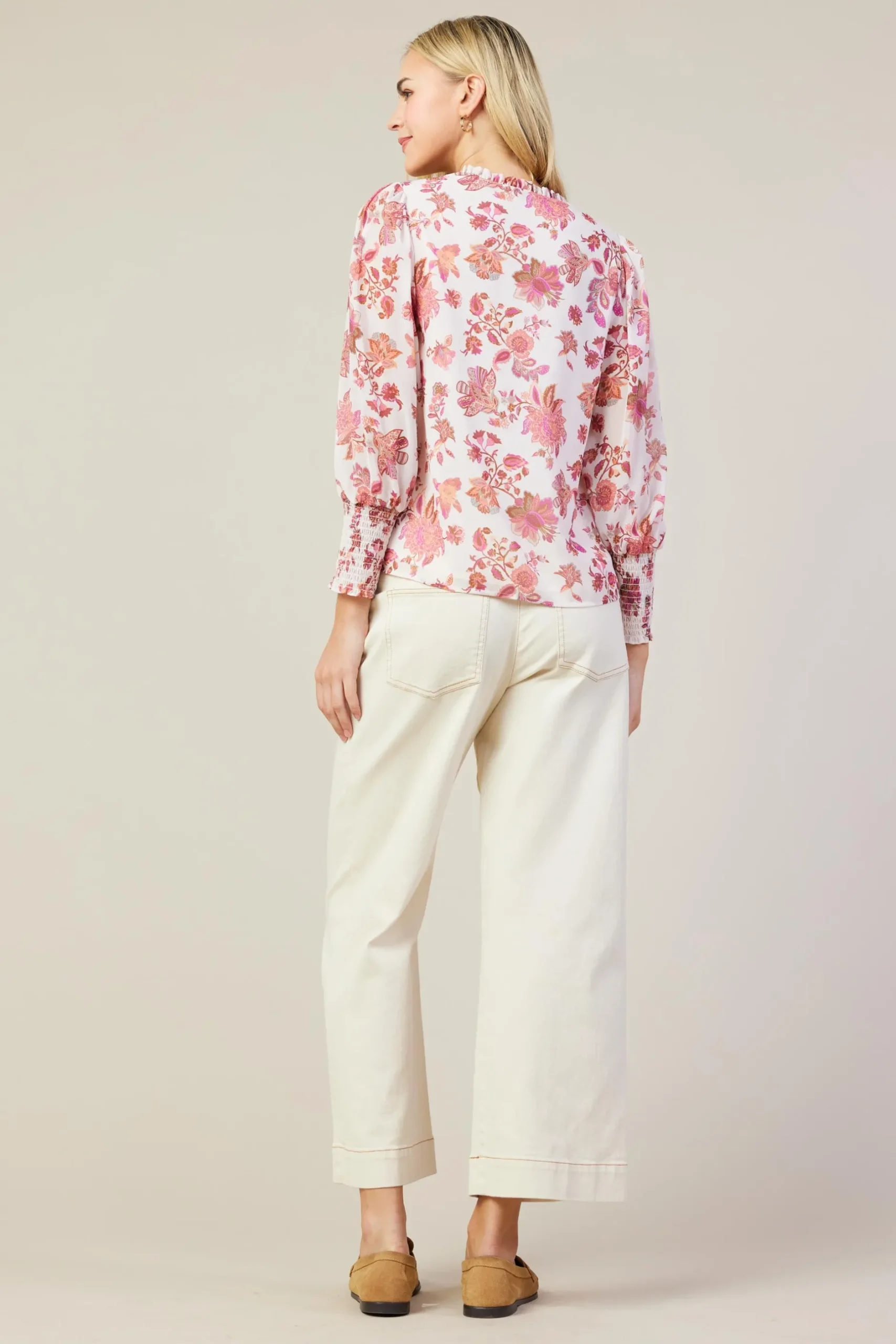 SKIES ARE BLUE Long Sleeve Tops*Ceres Floral Print Smocked Detail Top Blush-mulberry