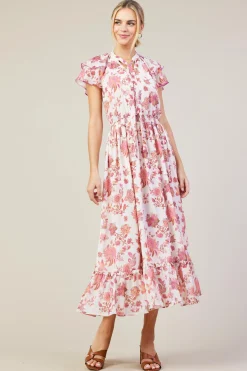 SKIES ARE BLUE Midi Dresses*Ceres Floral Print Tie Neck Midi Dress Blush-mulberry