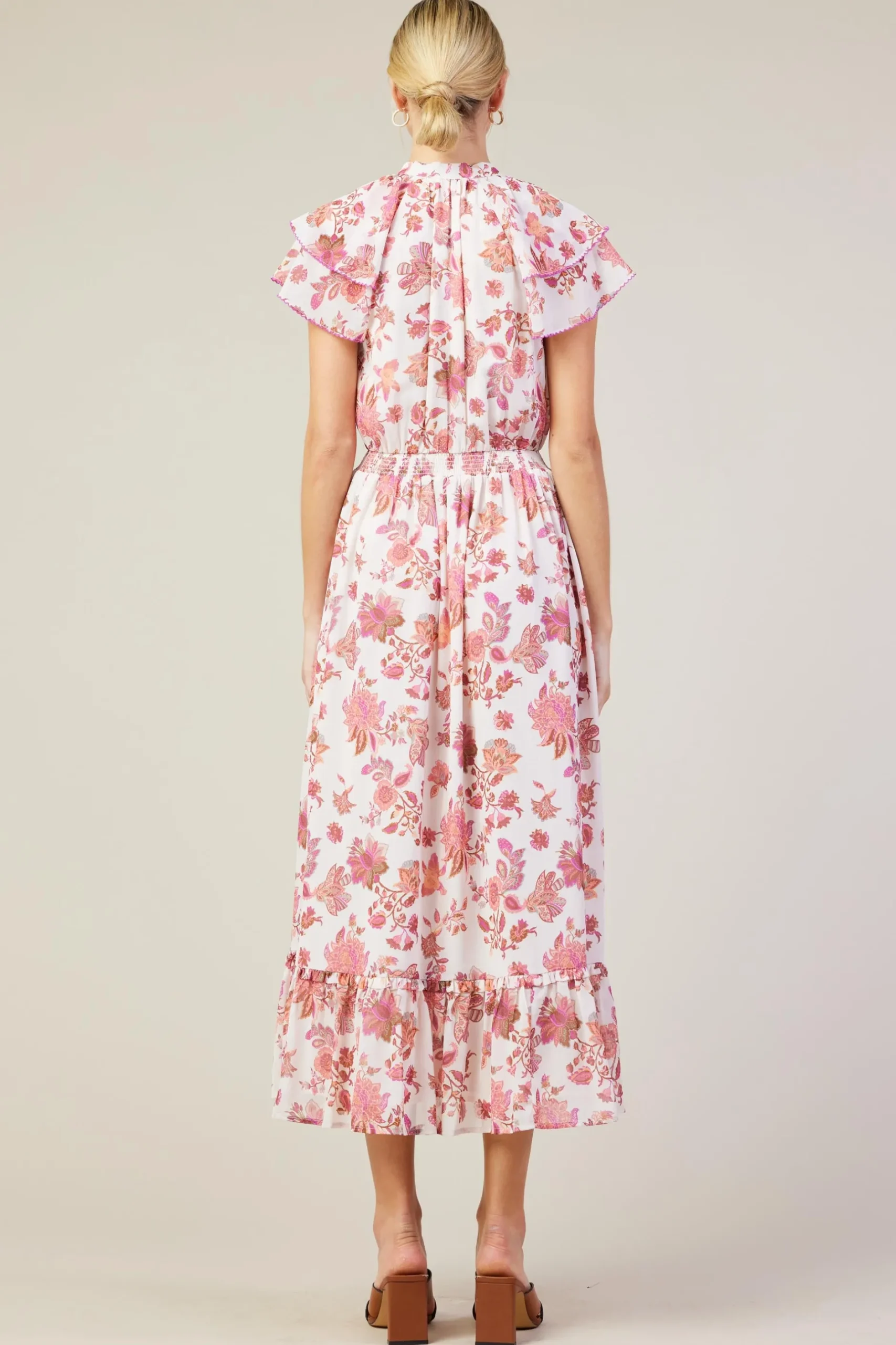 SKIES ARE BLUE Midi Dresses*Ceres Floral Print Tie Neck Midi Dress Blush-mulberry