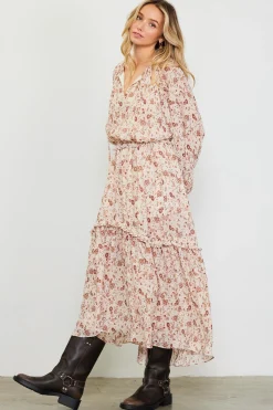 SKIES ARE BLUE Midi Dresses*Chiffon Print Split Midi Dress Ivory-rust