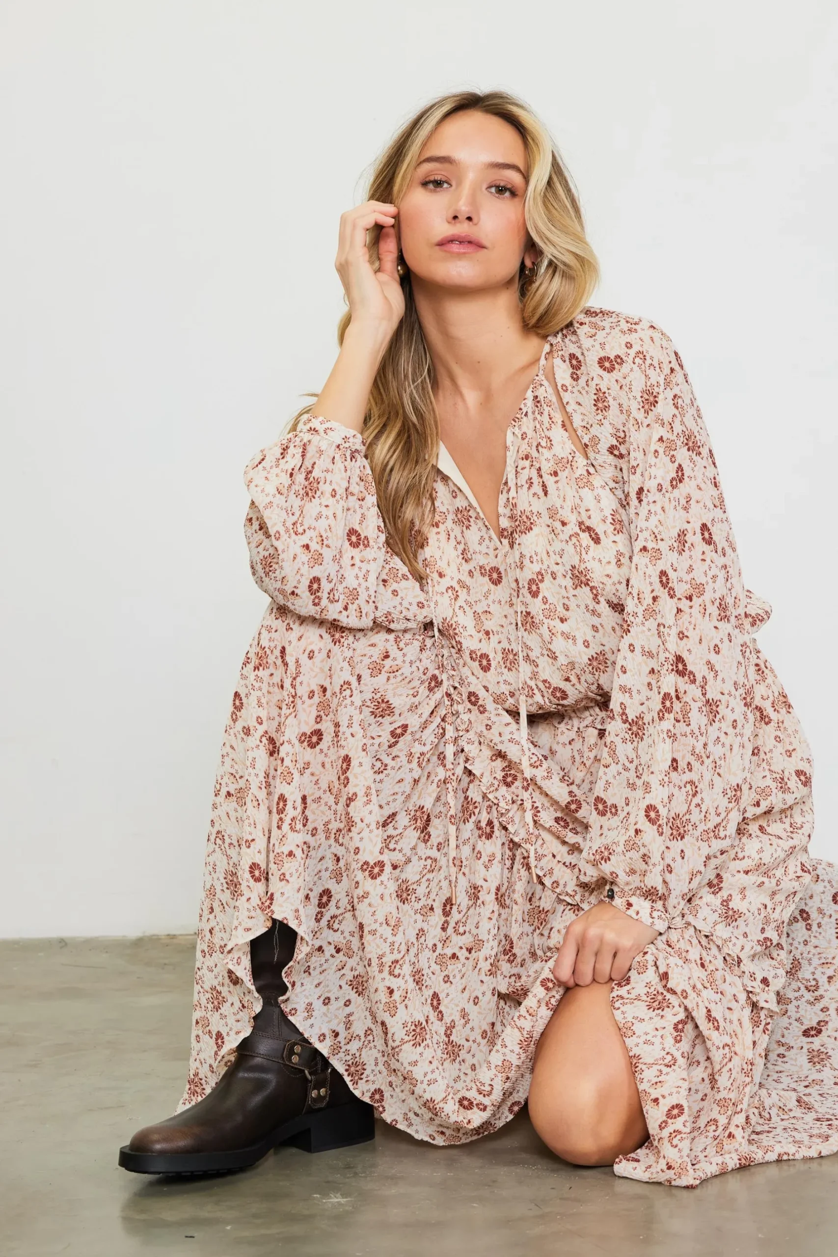 SKIES ARE BLUE Midi Dresses*Chiffon Print Split Midi Dress Ivory-rust