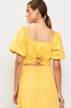 SKIES ARE BLUE Short Sleeve Tops*Cinch-Back Square Neck Top Sunflower