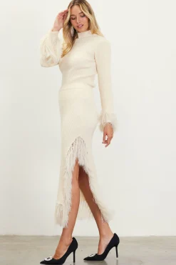 SKIES ARE BLUE Skirts*Clio Feathered Fringe Asymmetrical Skirt Cream