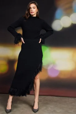 SKIES ARE BLUE Skirts*Clio Feathered Fringe Asymmetrical Skirt Black