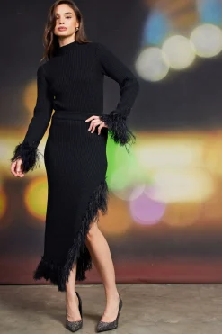 SKIES ARE BLUE Skirts*Clio Feathered Fringe Asymmetrical Skirt Black