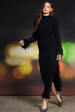 SKIES ARE BLUE Sweaters*Clio Feathered Fringe Mock Neck Sweater Black