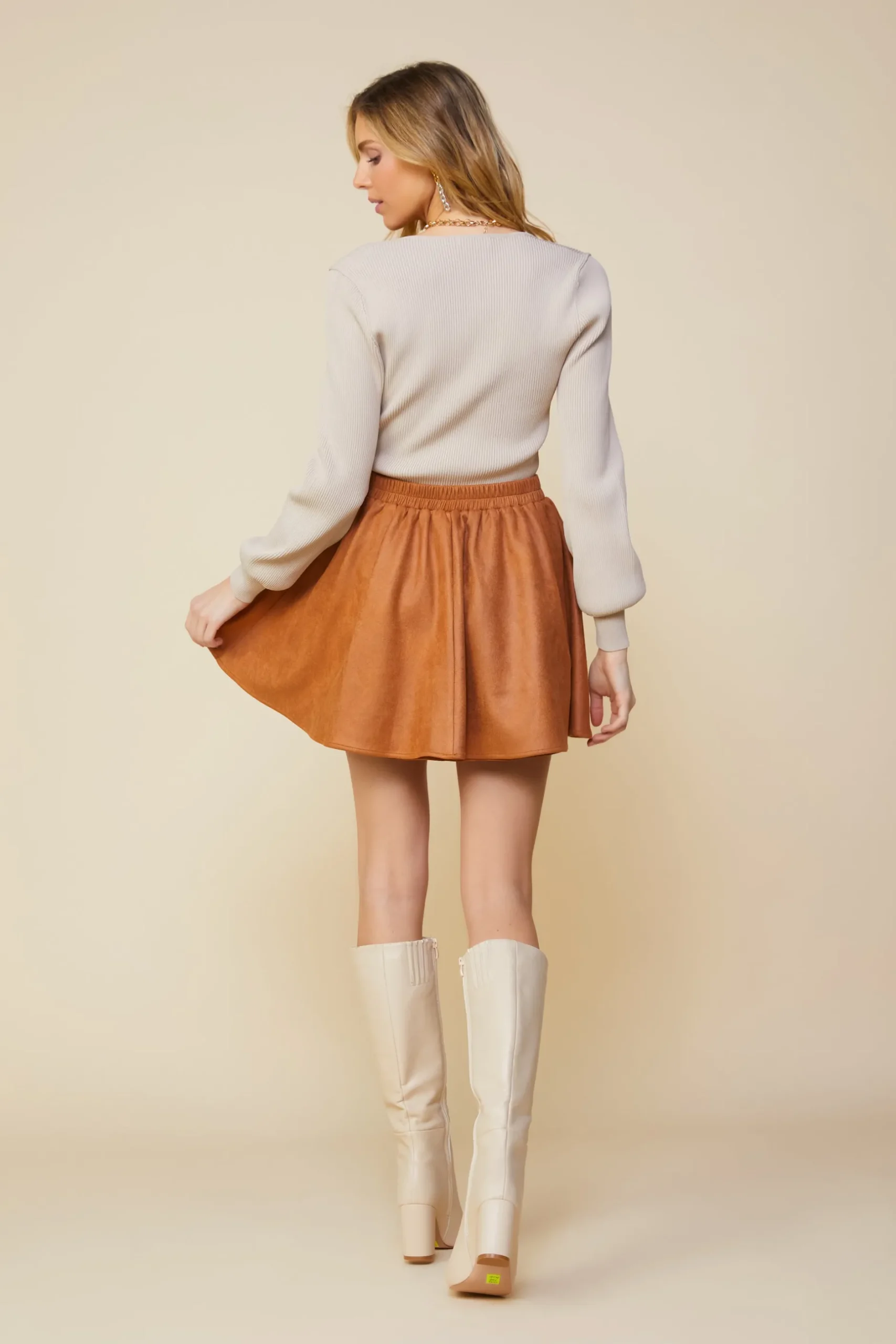 SKIES ARE BLUE Skirts*Coated Ponte Flared Mini Skirt Camel