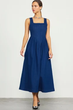 SKIES ARE BLUE Maxi Dresses*Corset Denim Pleated Dress Indigo