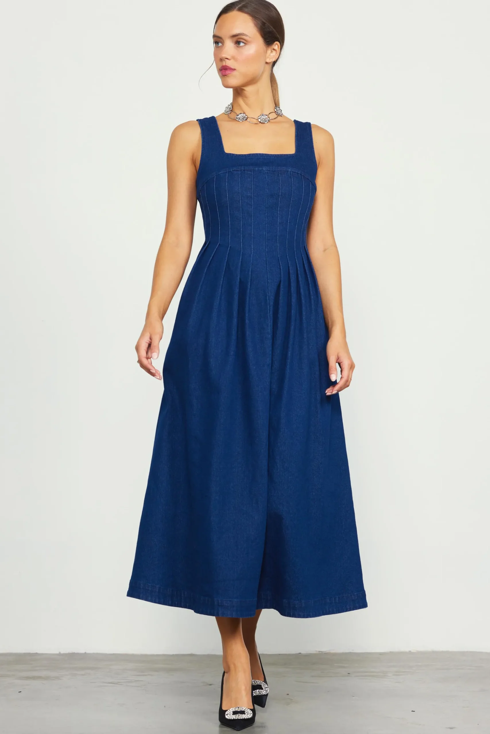 SKIES ARE BLUE Maxi Dresses*Corset Denim Pleated Dress Indigo