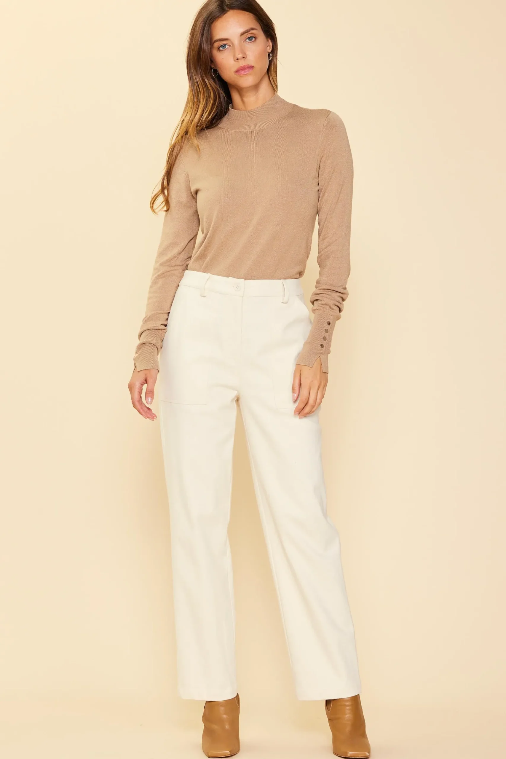 SKIES ARE BLUE Pants*Cotton Twill Belted Pants Ivory