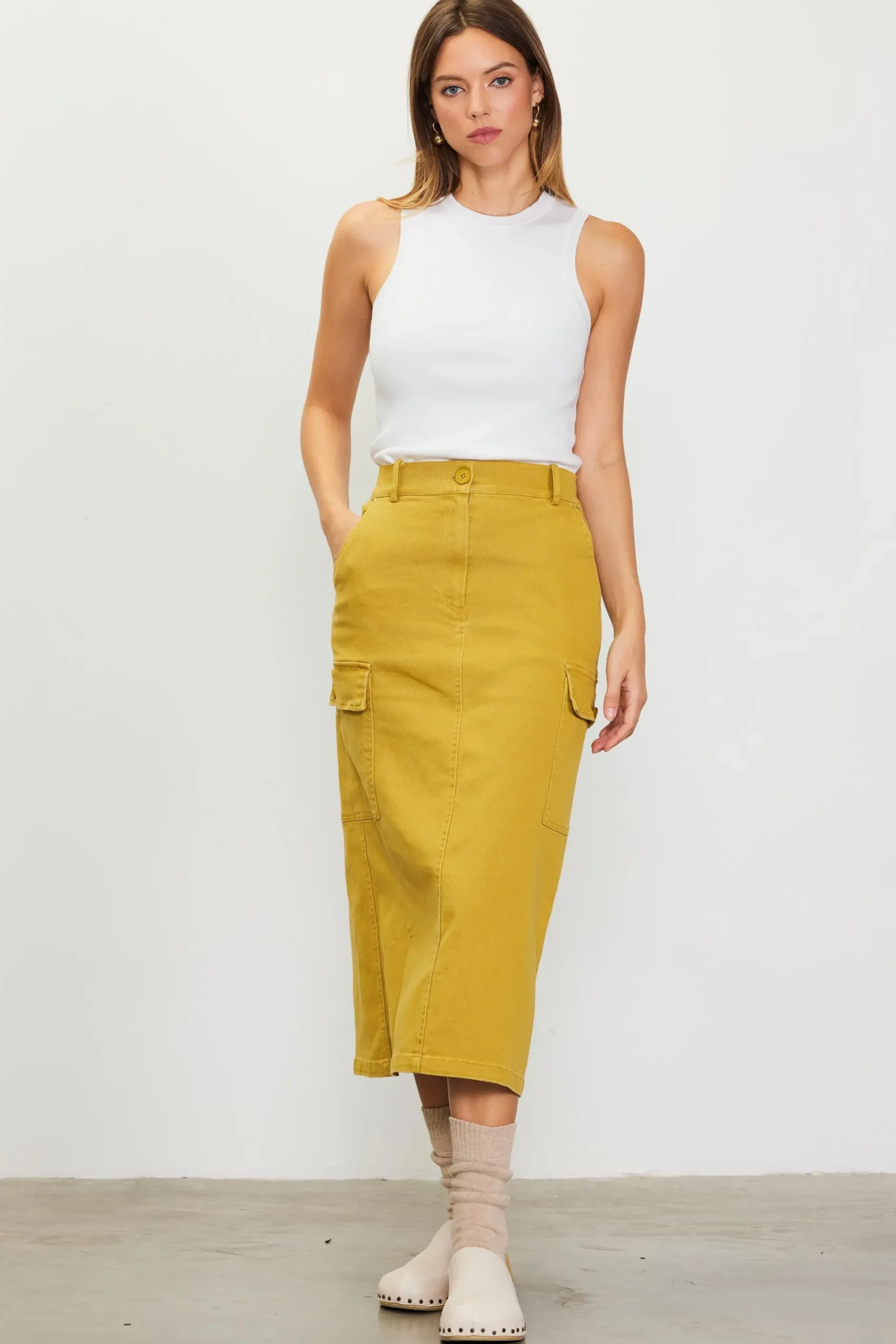 SKIES ARE BLUE Skirts*Cotton Twill Cargo Skirt Goldengreen