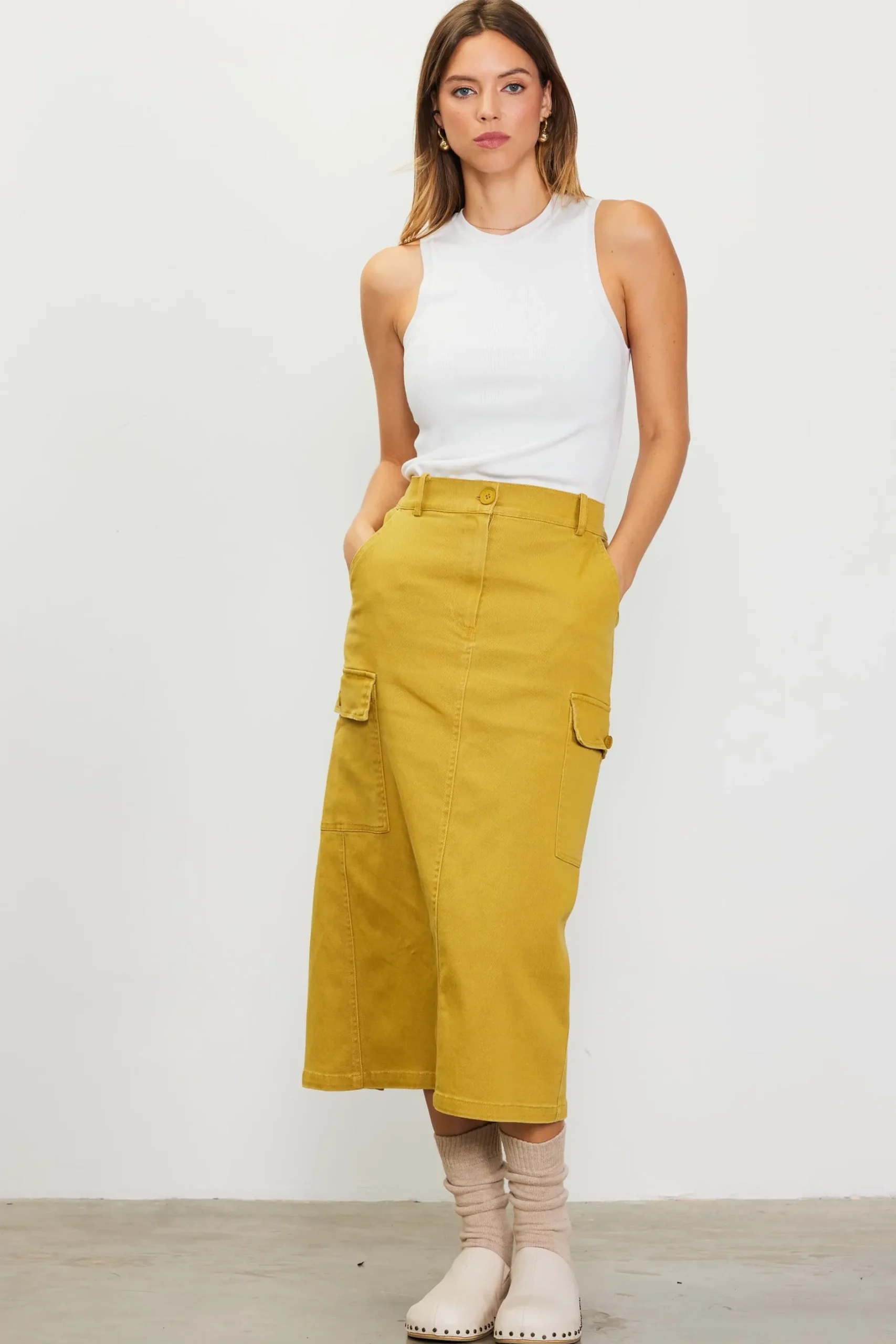 SKIES ARE BLUE Skirts*Cotton Twill Cargo Skirt Goldengreen