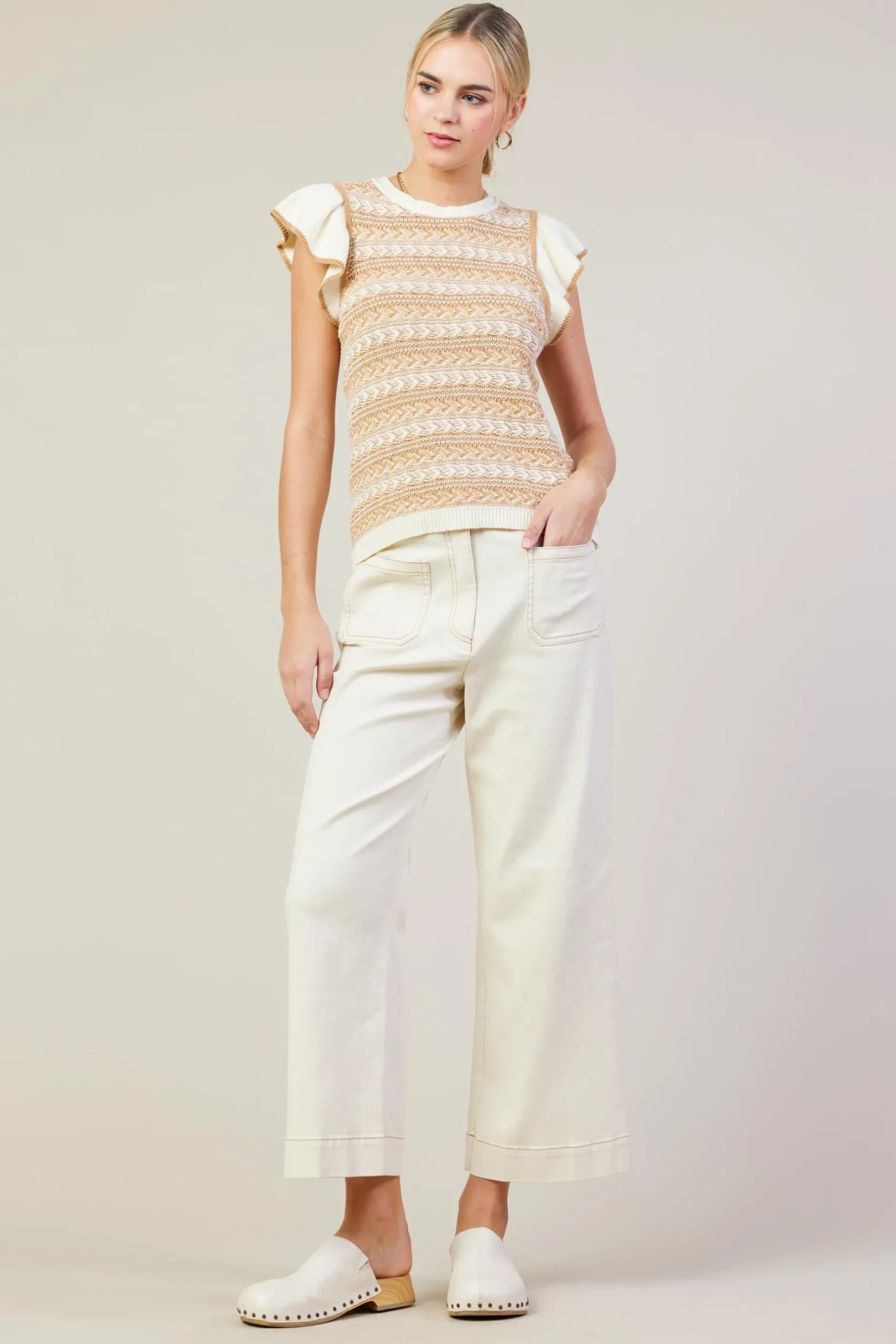 SKIES ARE BLUE Pants*Cotton Twill Crop Pants Ivory