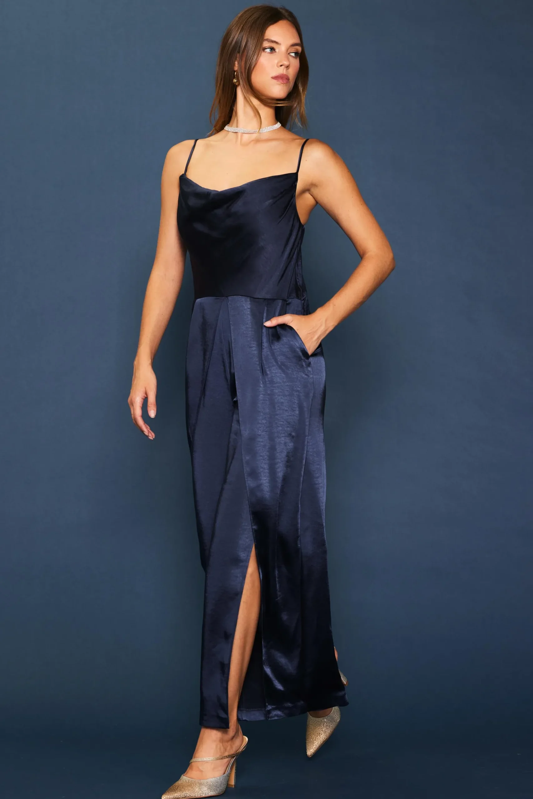 SKIES ARE BLUE Jumpsuits*Cowl Neckline Satin Jumpsuit Navy