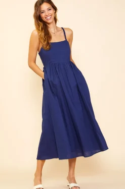 SKIES ARE BLUE Midi Dresses*Criss Cross Back Tie Midi Dress Navy