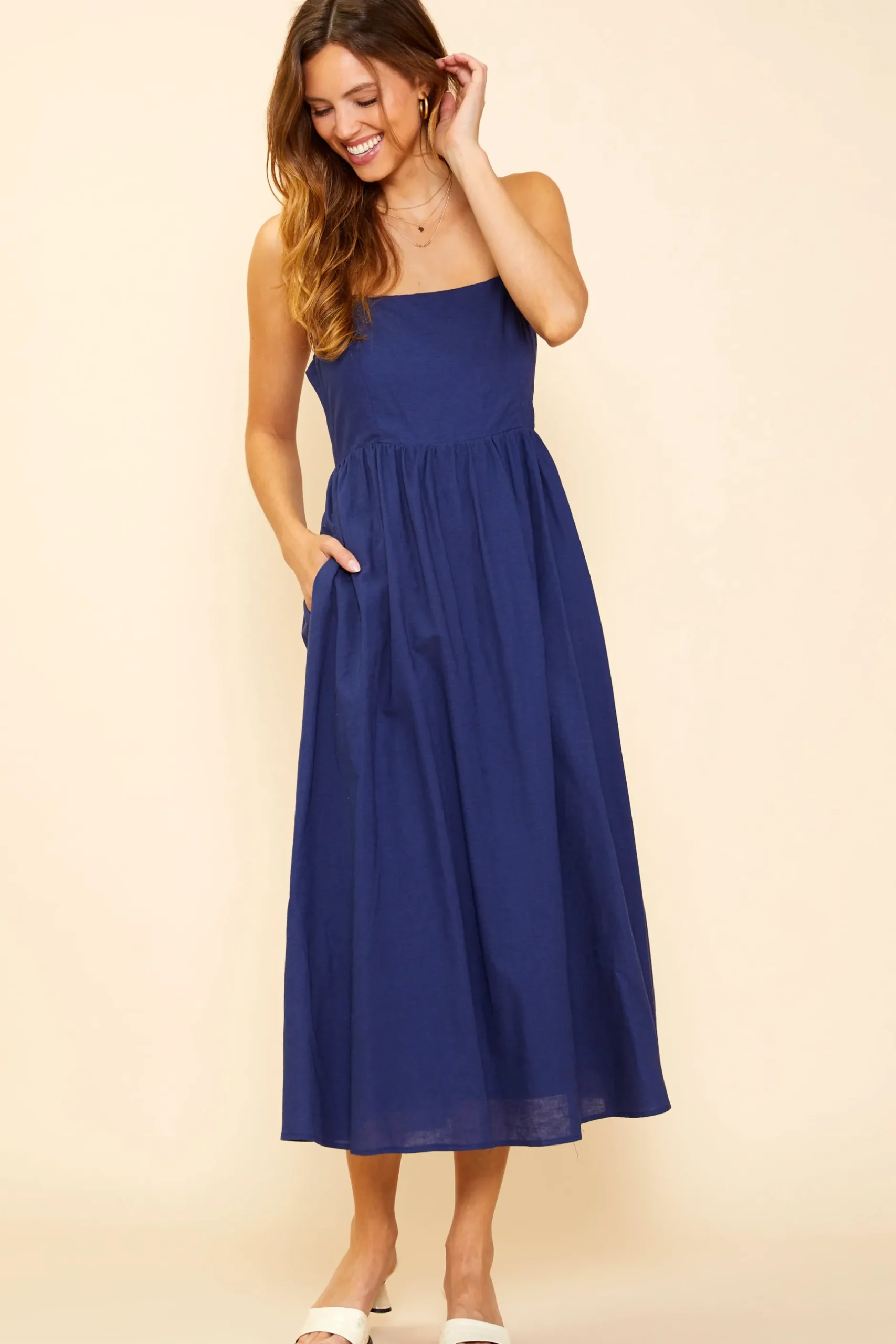 SKIES ARE BLUE Midi Dresses*Criss Cross Back Tie Midi Dress Navy