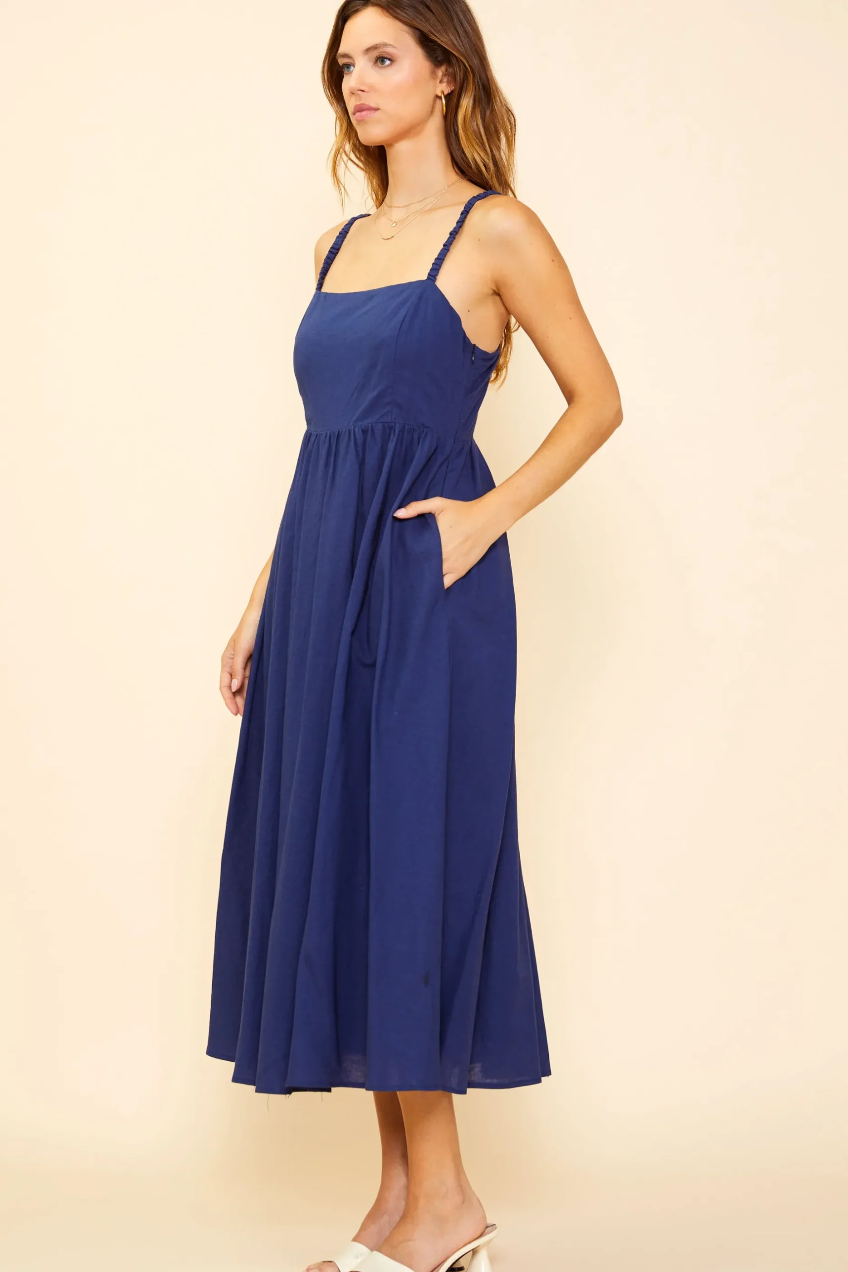 SKIES ARE BLUE Midi Dresses*Criss Cross Back Tie Midi Dress Navy
