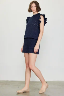 SKIES ARE BLUE Sleeveless Tops*Crochet Flutter Sleeve Top Navy