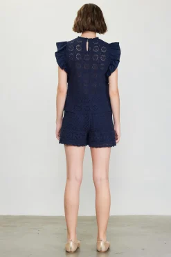 SKIES ARE BLUE Sleeveless Tops*Crochet Flutter Sleeve Top Navy