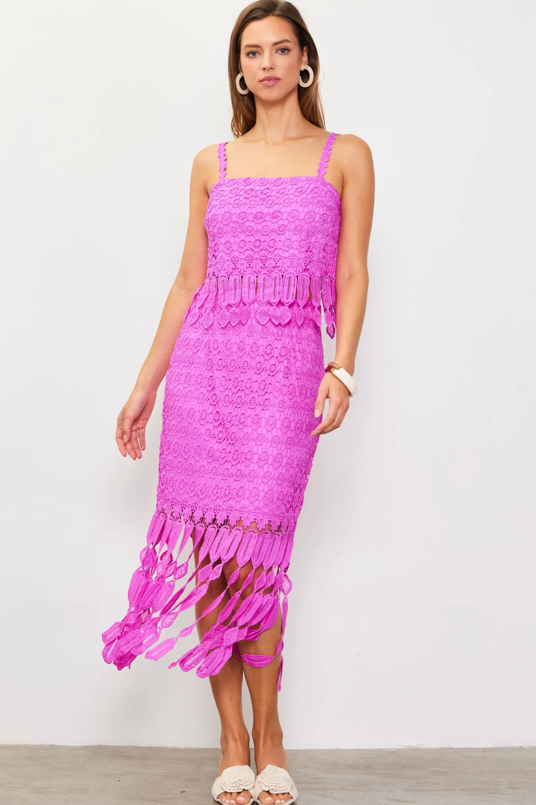 SKIES ARE BLUE Skirts*Crochet Midi Skirt with Fringe Detail Roseviolet