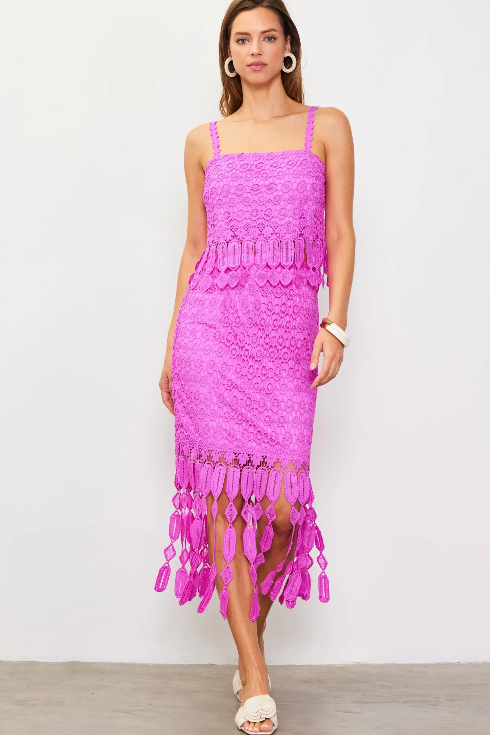 SKIES ARE BLUE Skirts*Crochet Midi Skirt with Fringe Detail Roseviolet