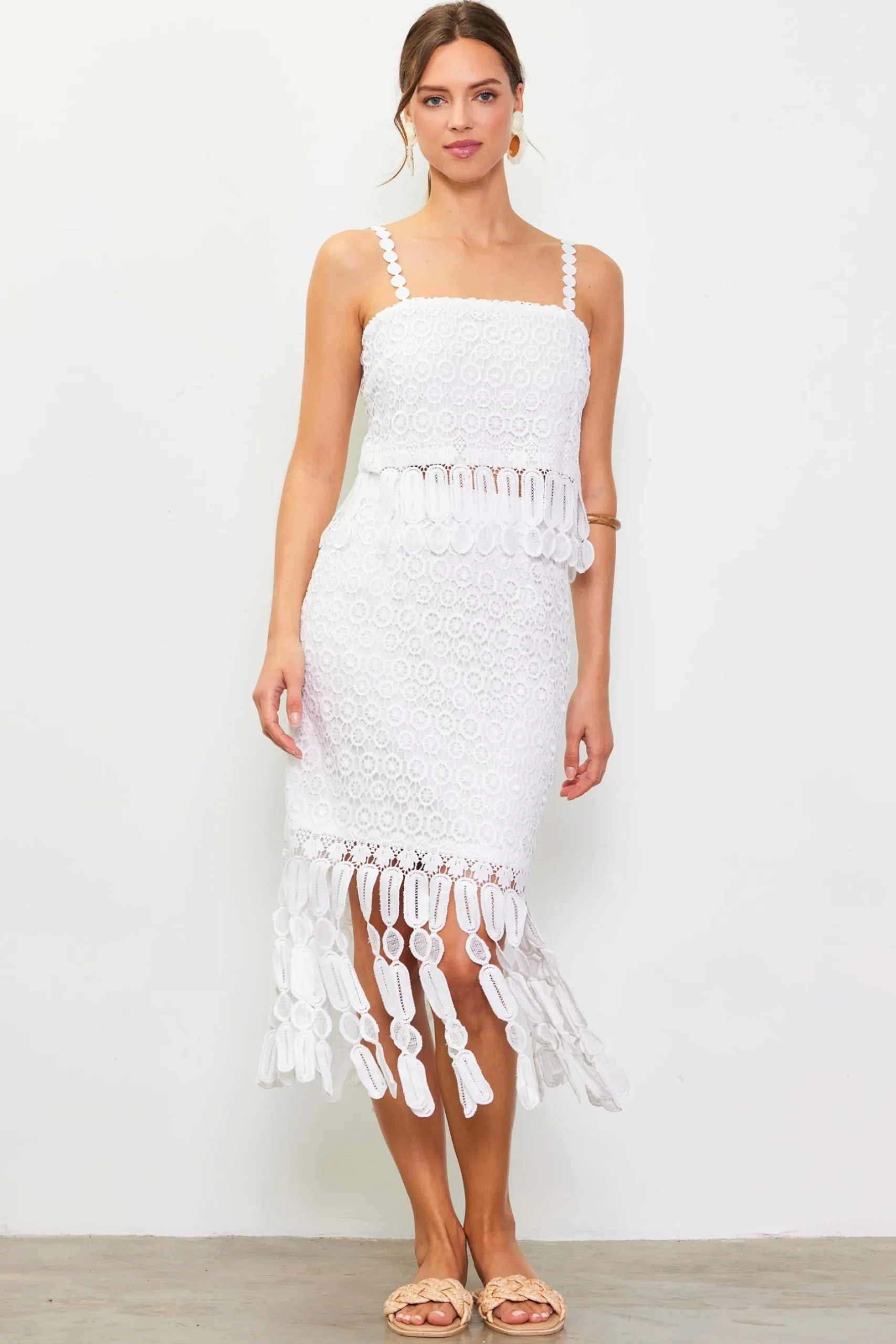 SKIES ARE BLUE Skirts*Crochet Midi Skirt with Fringe Detail Offwhite