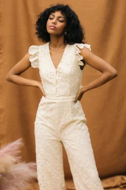 SKIES ARE BLUE Jumpsuits*Crochet Ruffled Sleeve Jumpsuit Ivory