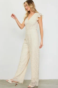 SKIES ARE BLUE Jumpsuits*Crochet Ruffled Sleeve Jumpsuit Ivory